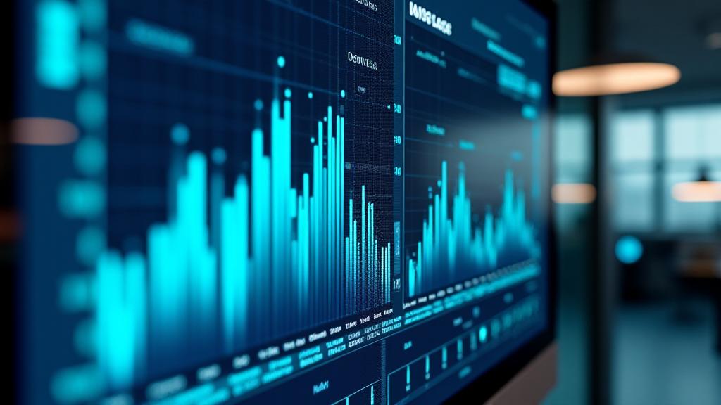 Dashboard analitica moderna e luminosa con grafici 3D e icone high-tech